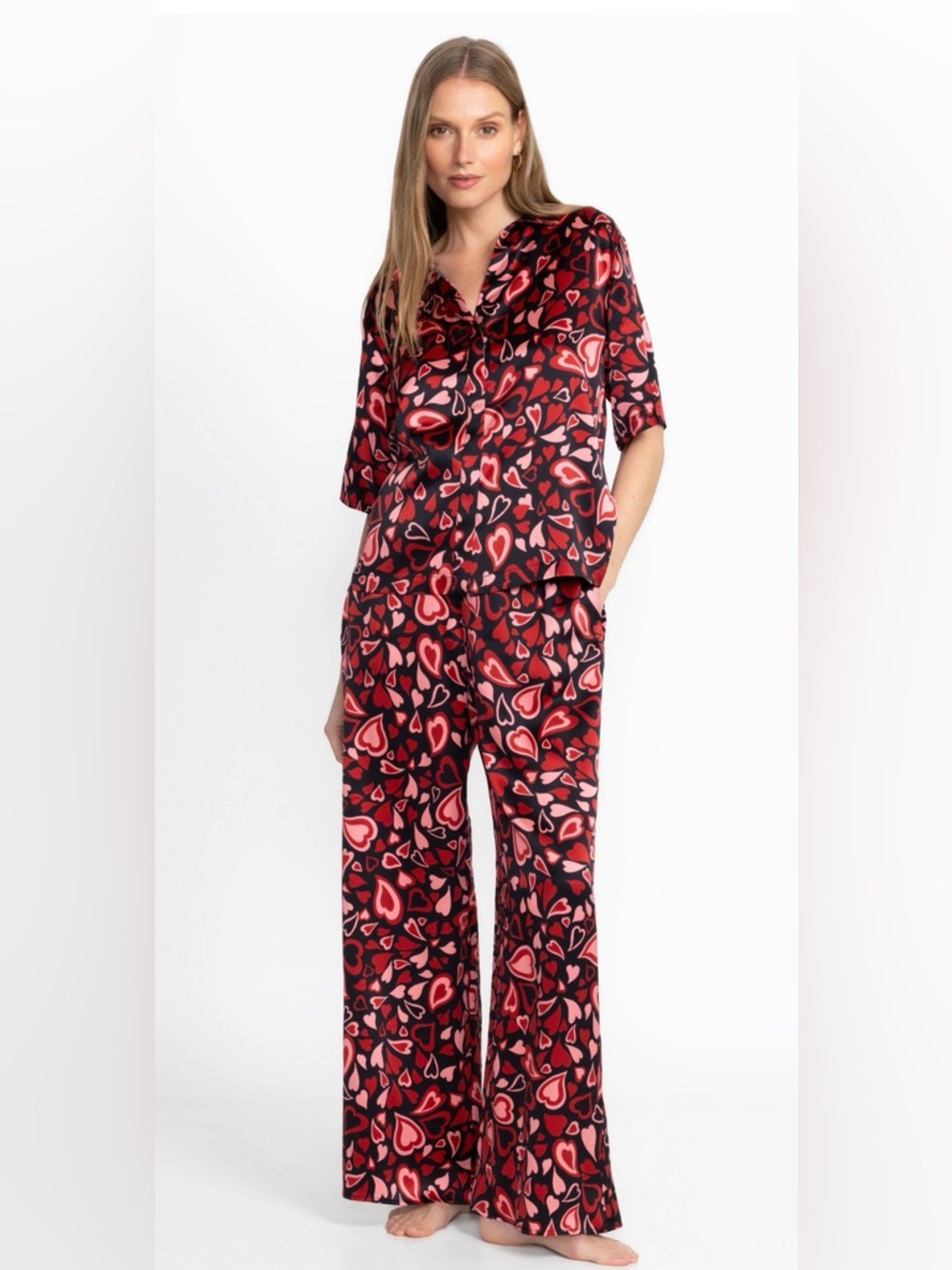 Johnny Was Brooklyn Long Heart-Print 100% silk Pajama Set XS